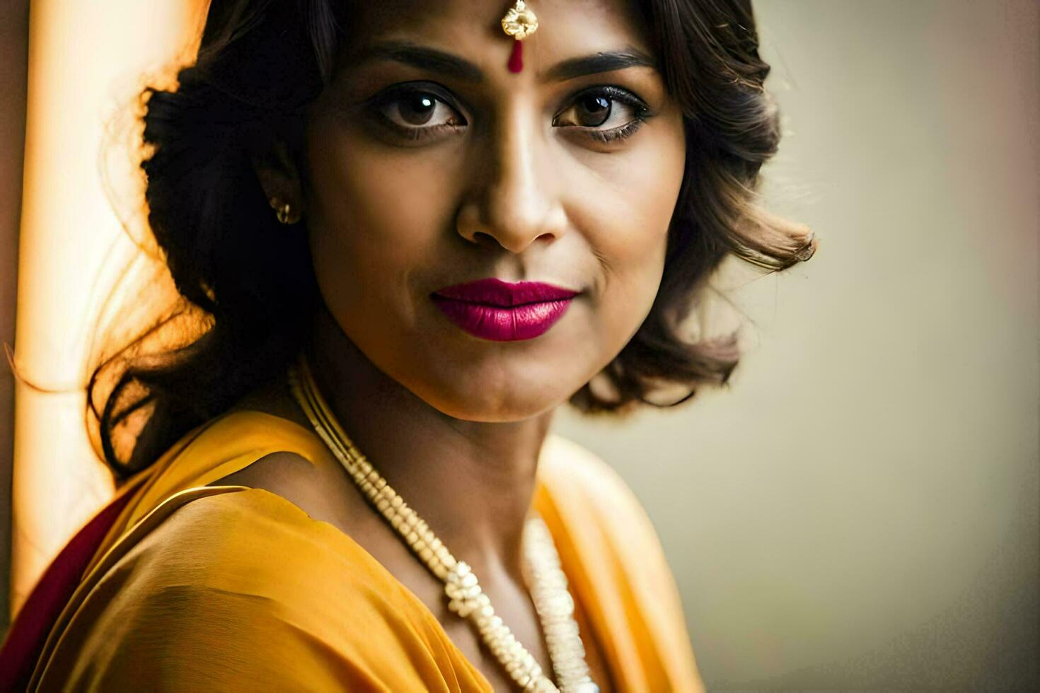 un' donna nel un indiano sari pose per un' ritratto. ai-generato foto