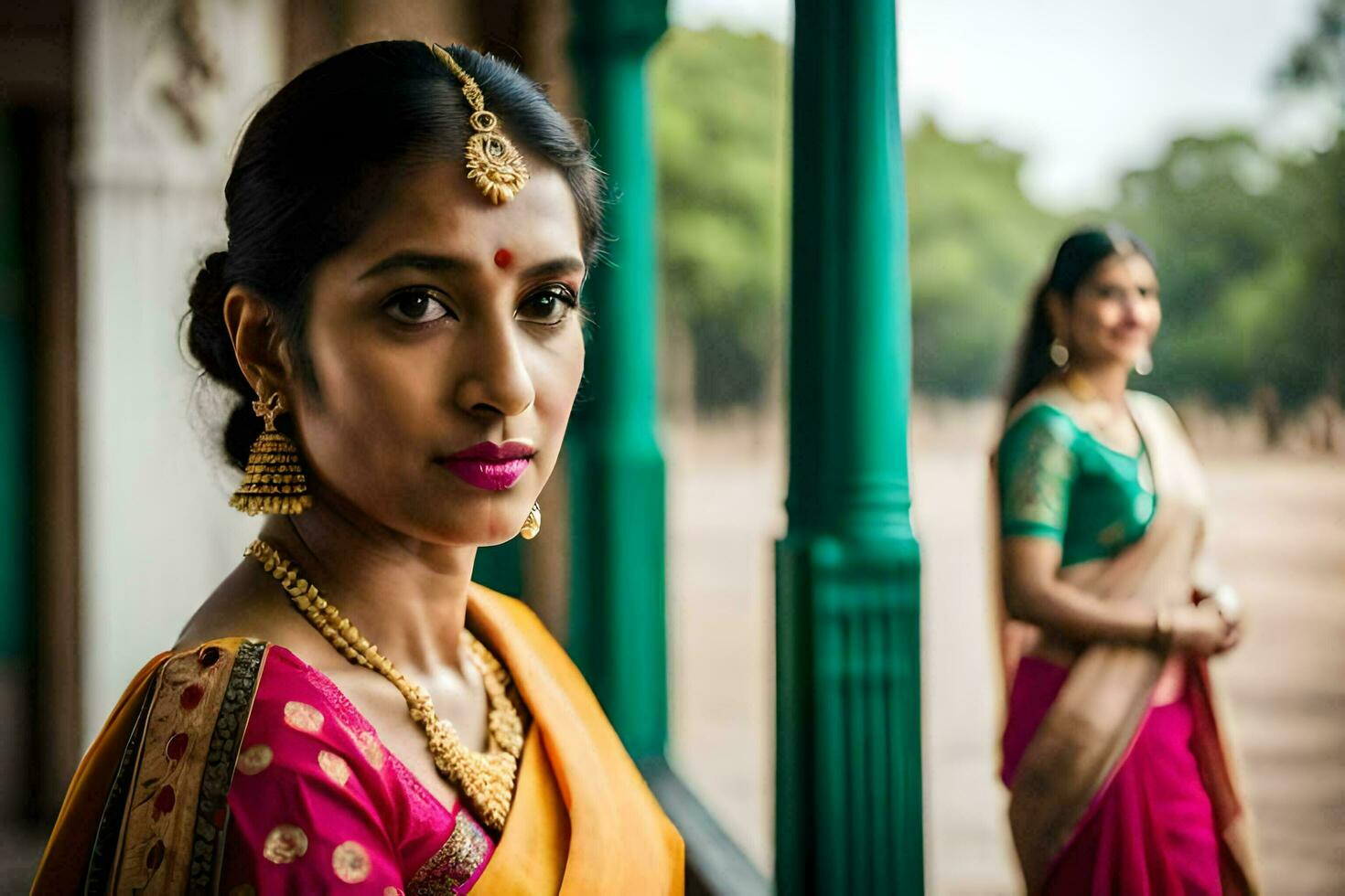 un' bellissimo indiano donna nel un' sari. ai-generato foto