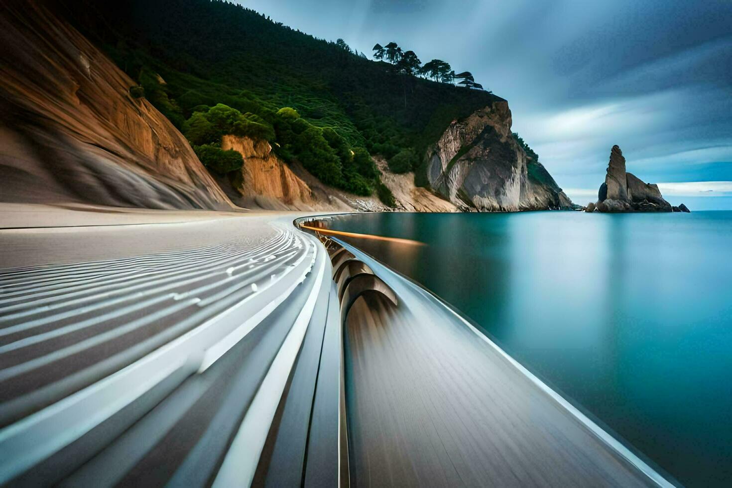 un' treno in viaggio lungo il costa di un' montagna. ai-generato foto