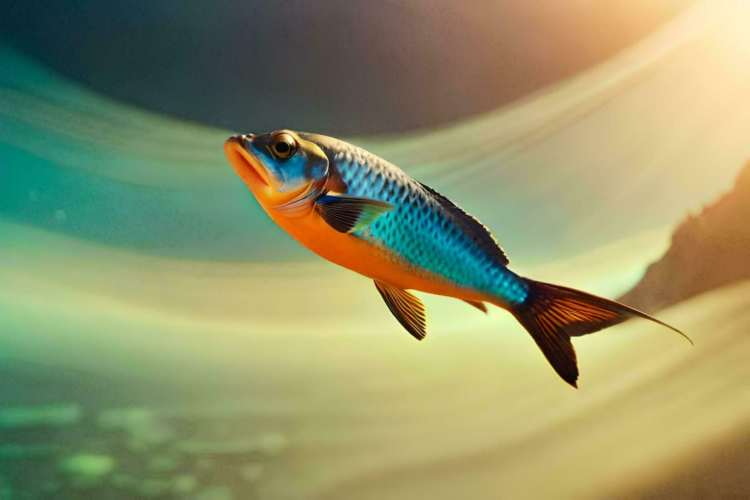 un' pesce nuoto nel il oceano con un' sole nel il sfondo. ai-generato foto