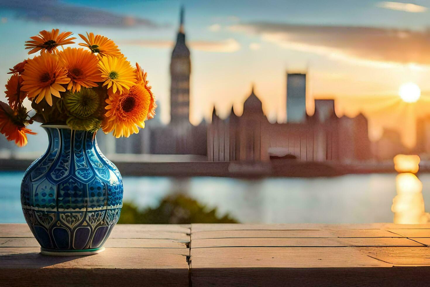 girasoli nel un' vaso su un' tavolo nel davanti di un' città orizzonte. ai-generato foto