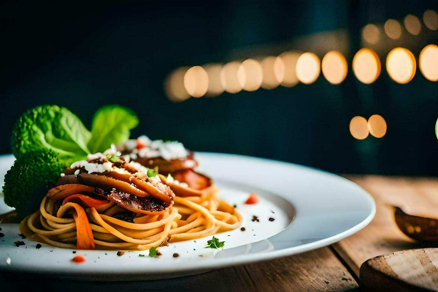 un' piatto di spaghetti con carne e verdure. ai-generato foto