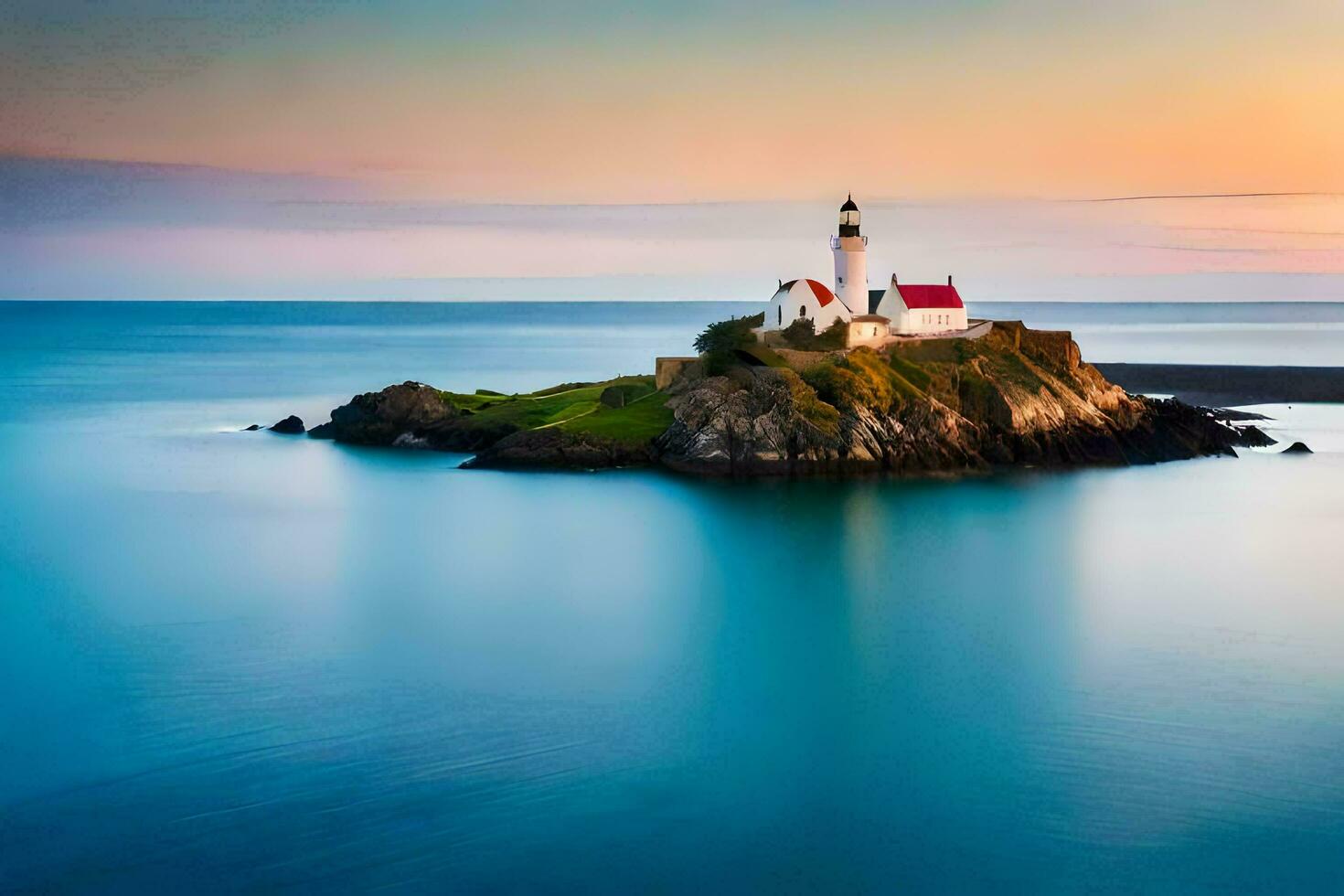 un' faro si siede su un isola nel il oceano. ai-generato foto