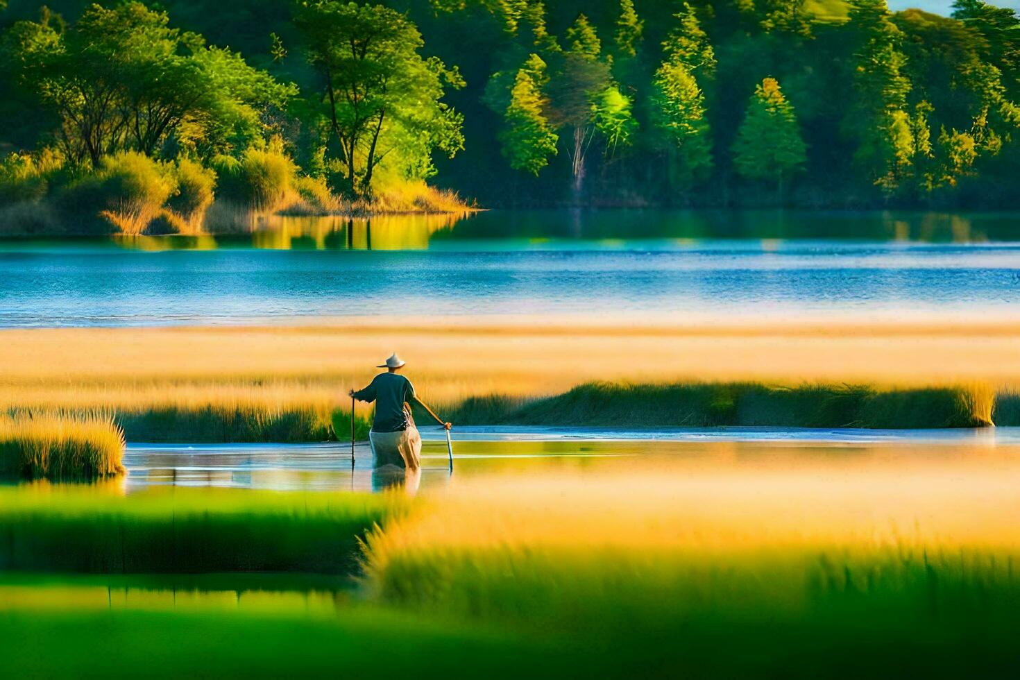 un' uomo è pesca nel un' lago circondato di alto erba. ai-generato foto