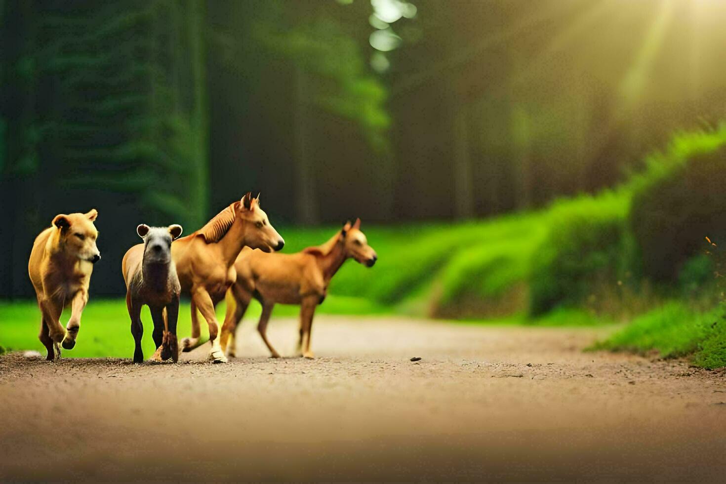 cavalli in esecuzione su un' strada nel il foresta. ai-generato foto