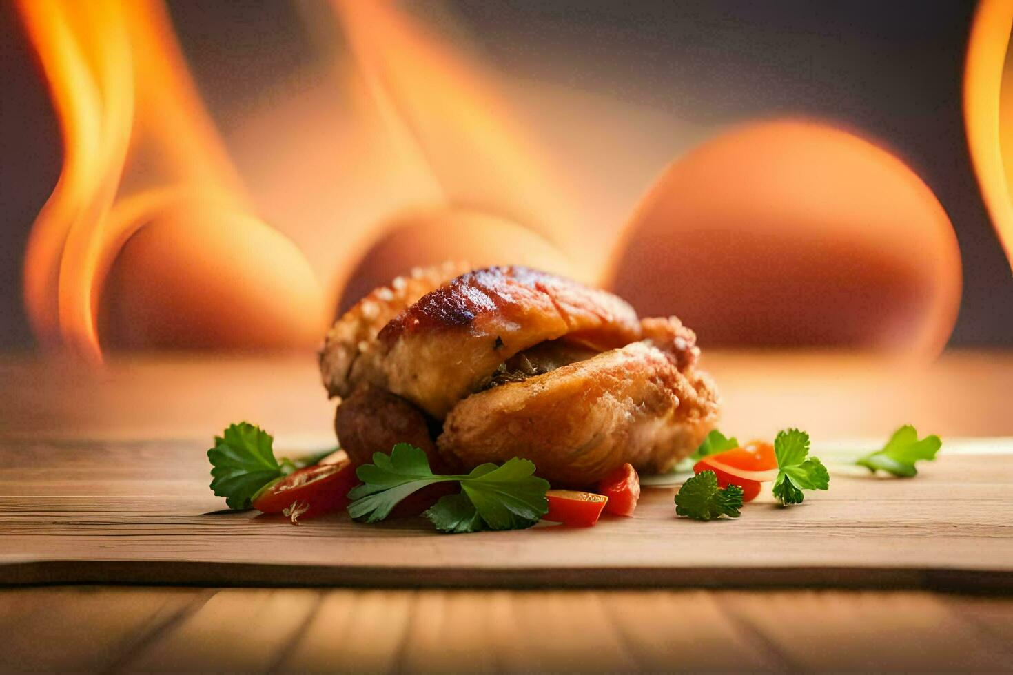 pollo su un' di legno taglio tavola con fuoco nel il sfondo. ai-generato foto