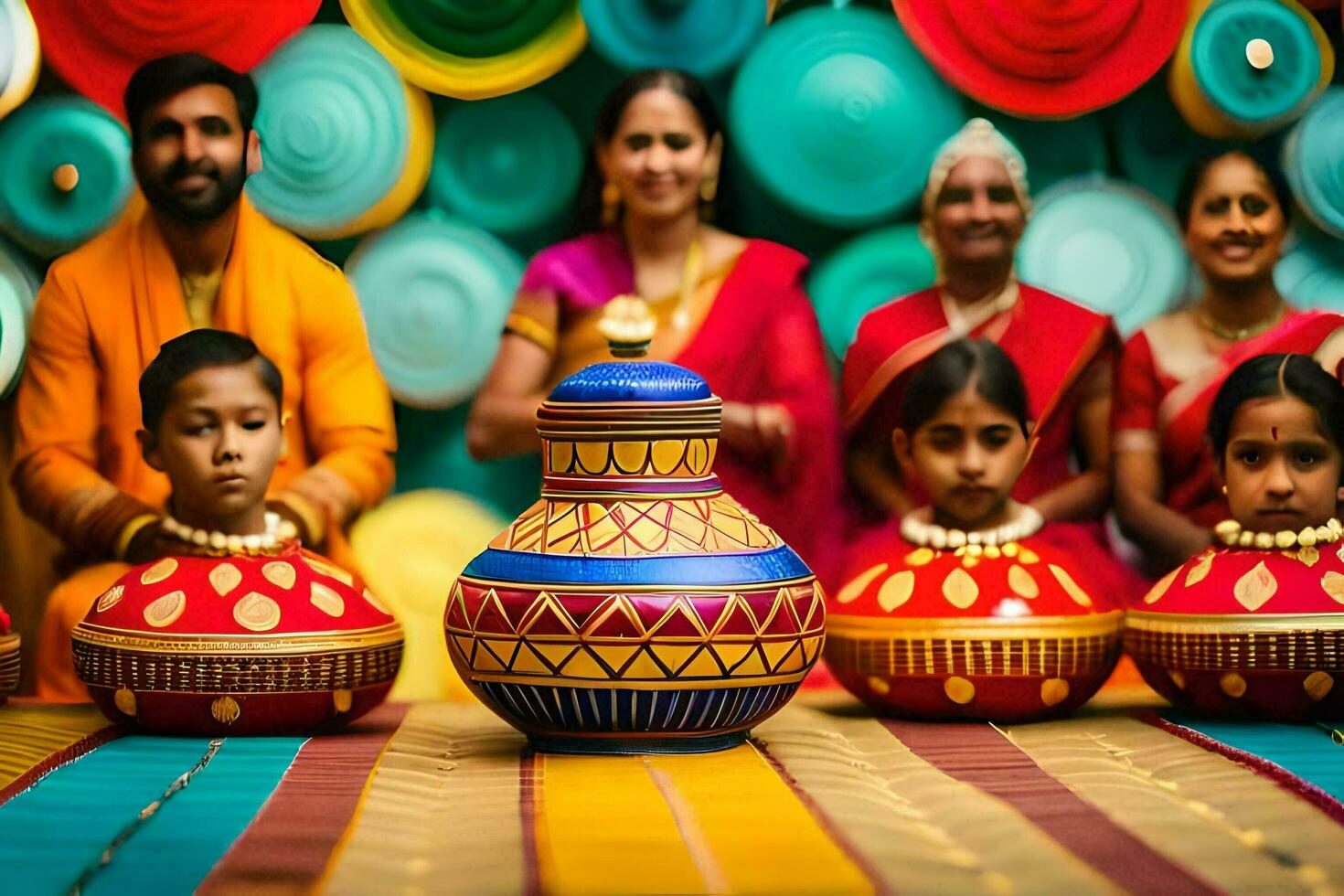 un' famiglia di indiano persone seduta in giro un' colorato pentola. ai-generato foto