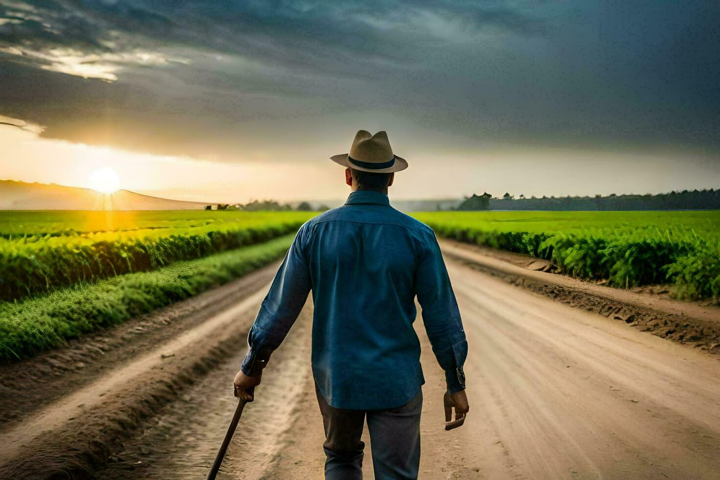 un' uomo a piedi giù un' sporco strada con un' canna. ai-generato foto