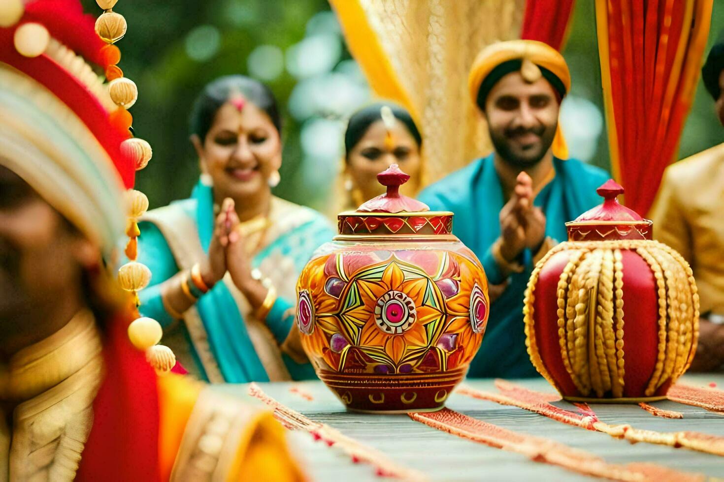 indiano nozze cerimonia con persone nel tradizionale abbigliamento. ai-generato foto