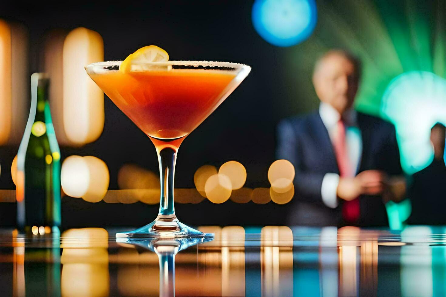 un' cocktail seduta su un' bar con un' uomo nel un' completo da uomo dietro a esso. ai-generato foto