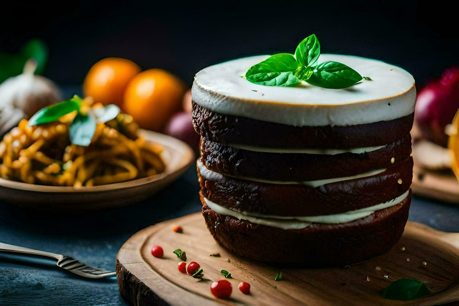 un' pila di torte con formaggio e verdure. ai-generato foto