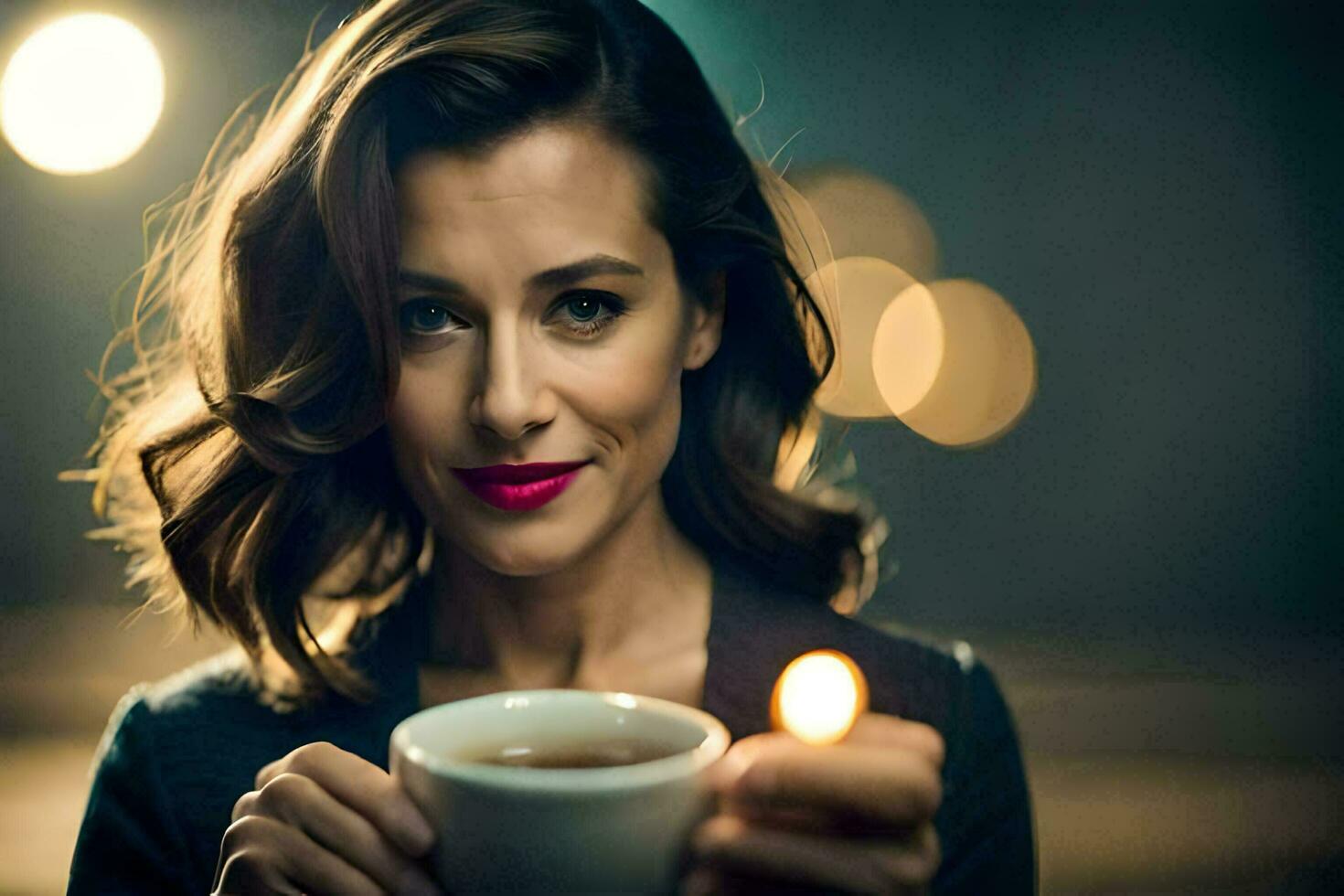 un' donna Tenere un' tazza di tè e un' illuminato candela. ai-generato foto