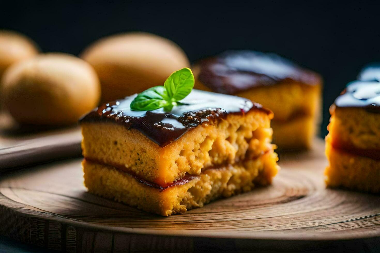 un' pezzo di torta con un' pezzo di pane su superiore. ai-generato foto