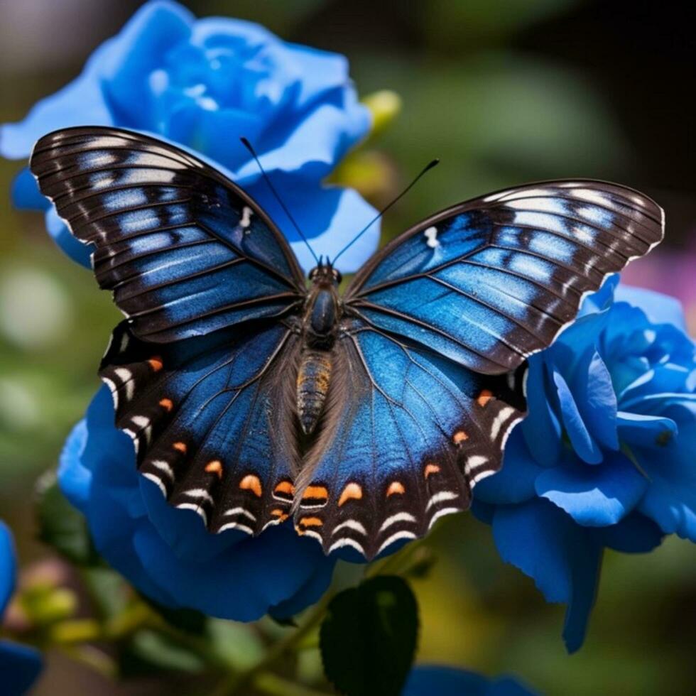 colorato farfalla su blu fiore della natura bellezza blu farfalla su fiore, mostrando intricato Ali. festeggiare animale natura e della natura bellezza. foto