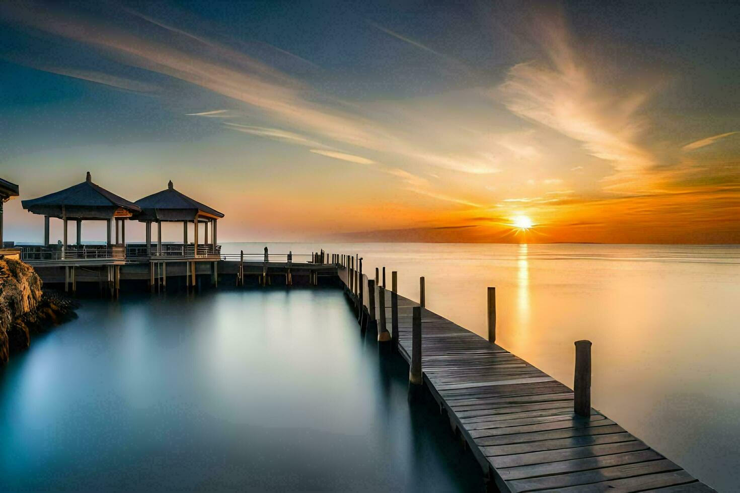 un' molo con gazebo a tramonto. ai-generato foto