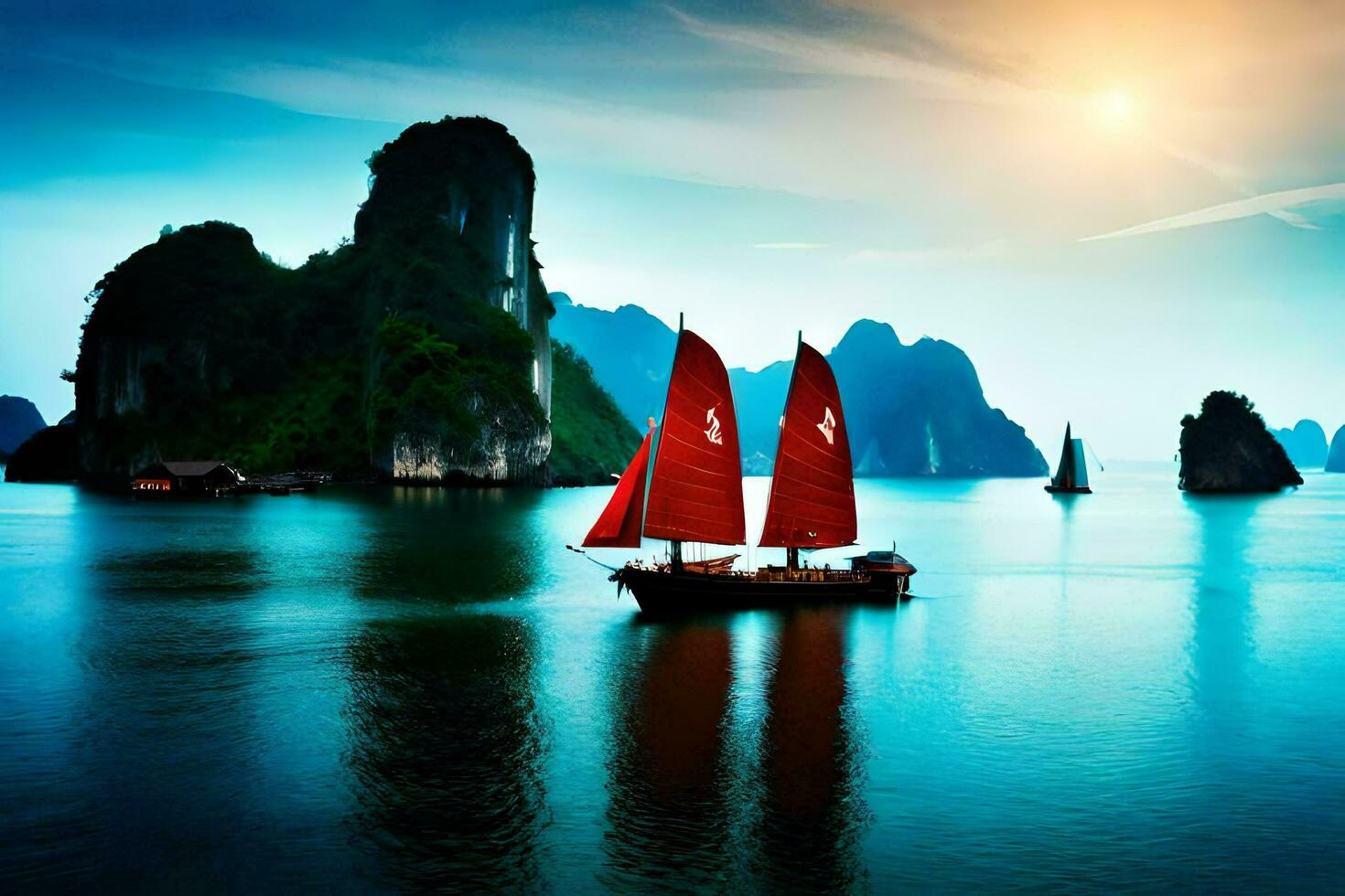 un' barca con rosso vele nel il acqua vicino montagne. ai-generato foto