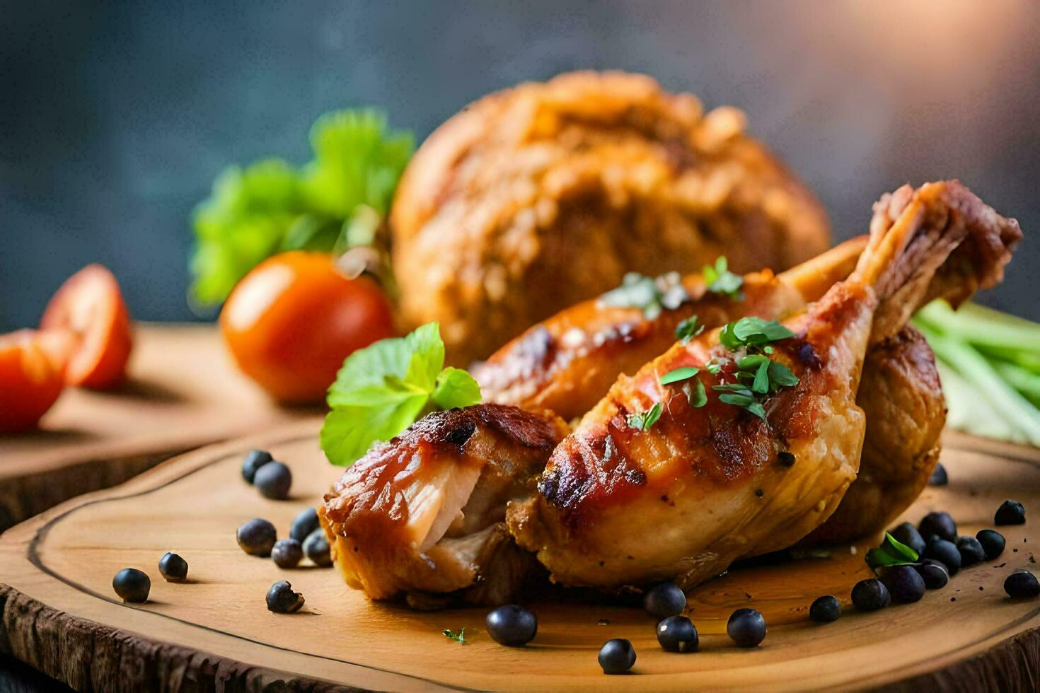 grigliato pollo su un' di legno taglio tavola con verdure. ai-generato foto