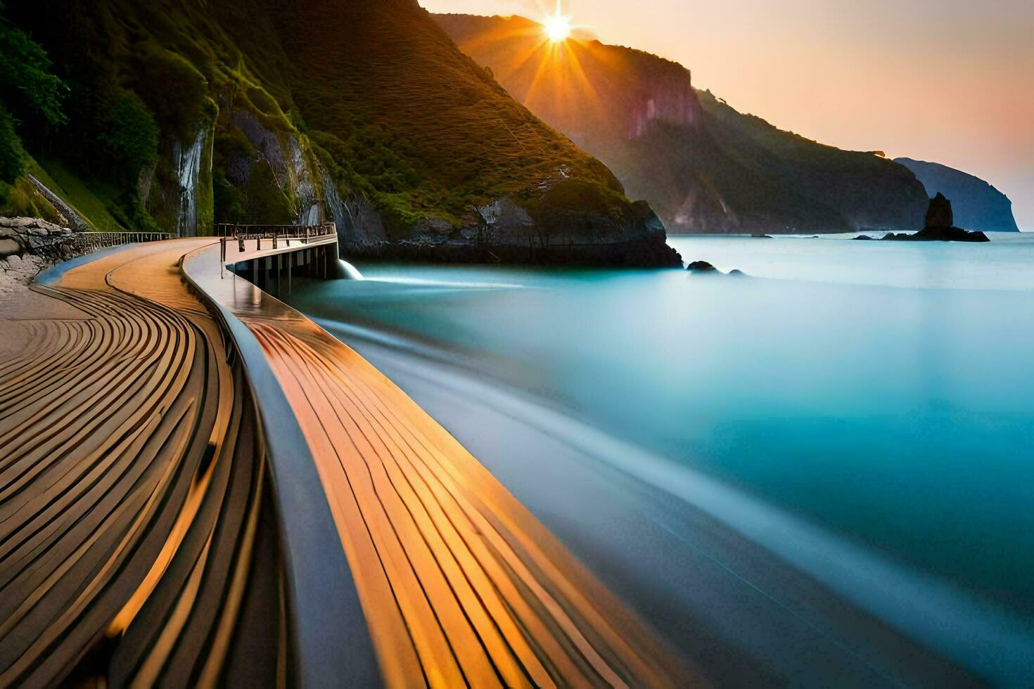 un' lungo esposizione foto di un' di legno passerella su il spiaggia. ai-generato