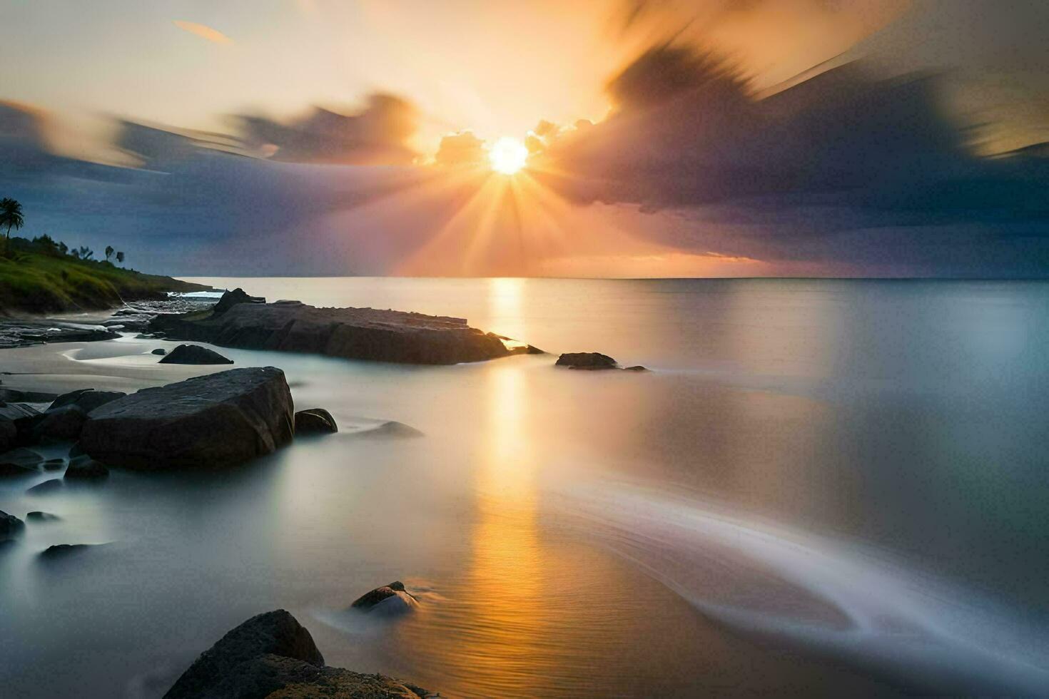 tramonto al di sopra di il oceano con rocce e acqua. ai-generato foto