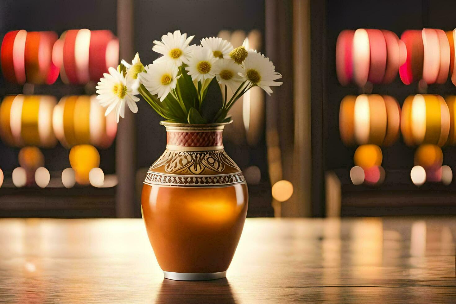 un' vaso con bianca fiori seduta su un' tavolo. ai-generato foto