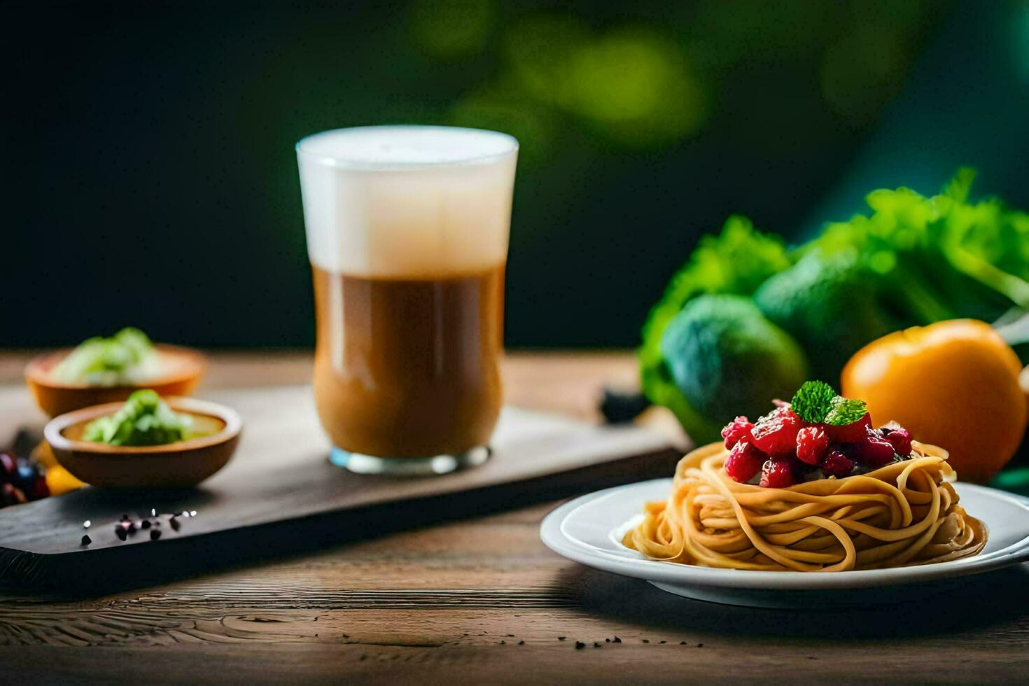 spaghetti con verdure e un' tazza di caffè. ai-generato foto