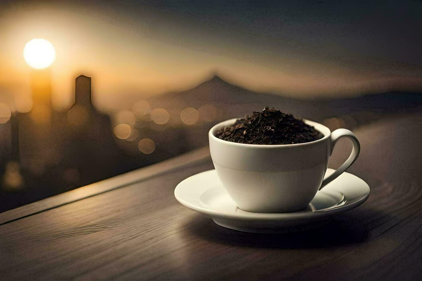 caffè tazza con un' città Visualizza. ai-generato foto