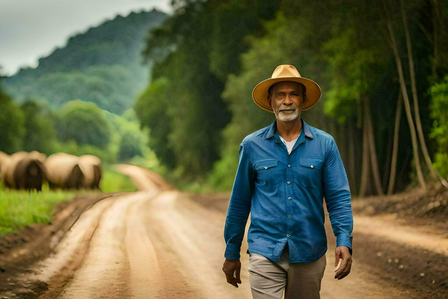 un più vecchio uomo nel un' cappello a piedi giù un' sporco strada. ai-generato foto