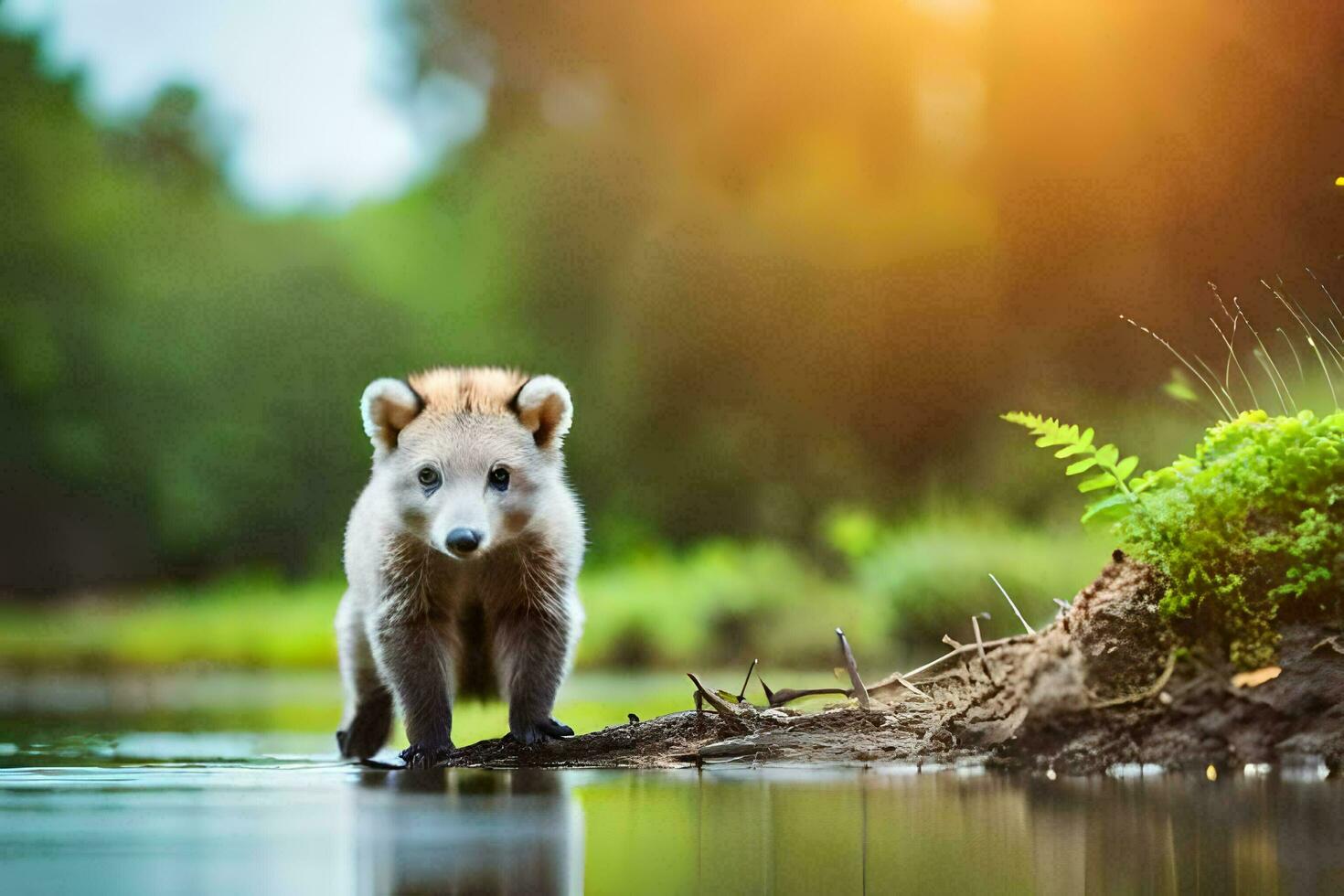 un' bambino orso in piedi nel il acqua vicino un' fiume. ai-generato foto