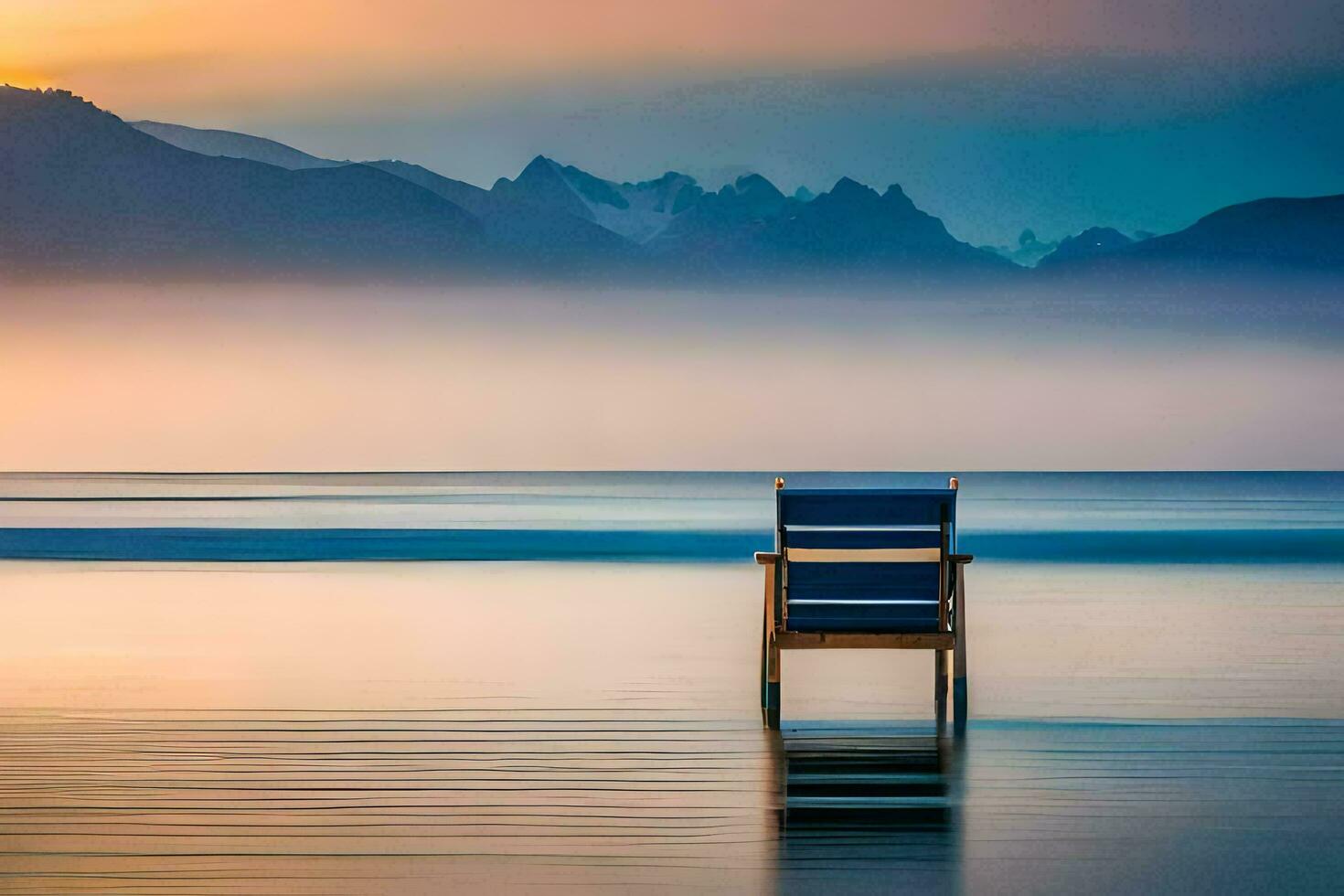 un' sedia si siede su il spiaggia a tramonto con montagne nel il sfondo. ai-generato foto