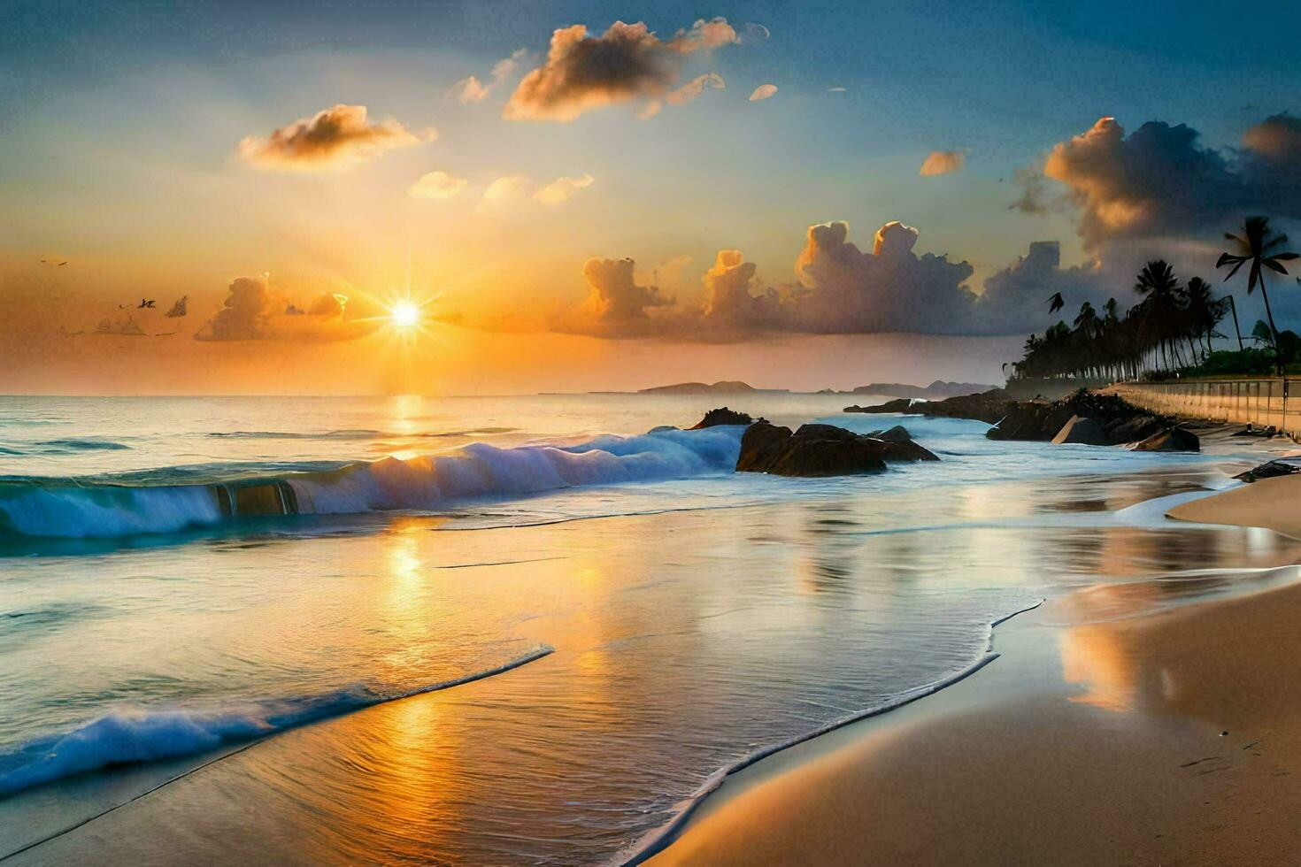 il sole sorge al di sopra di il oceano nel Questo bellissimo spiaggia scena. ai-generato foto