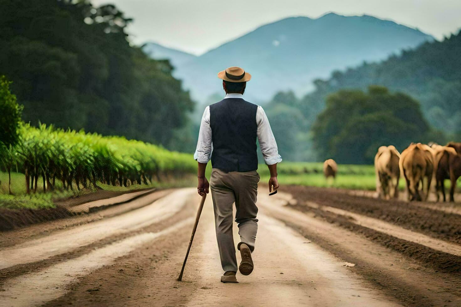 un' uomo a piedi giù un' sporco strada con mucche nel il sfondo. ai-generato foto