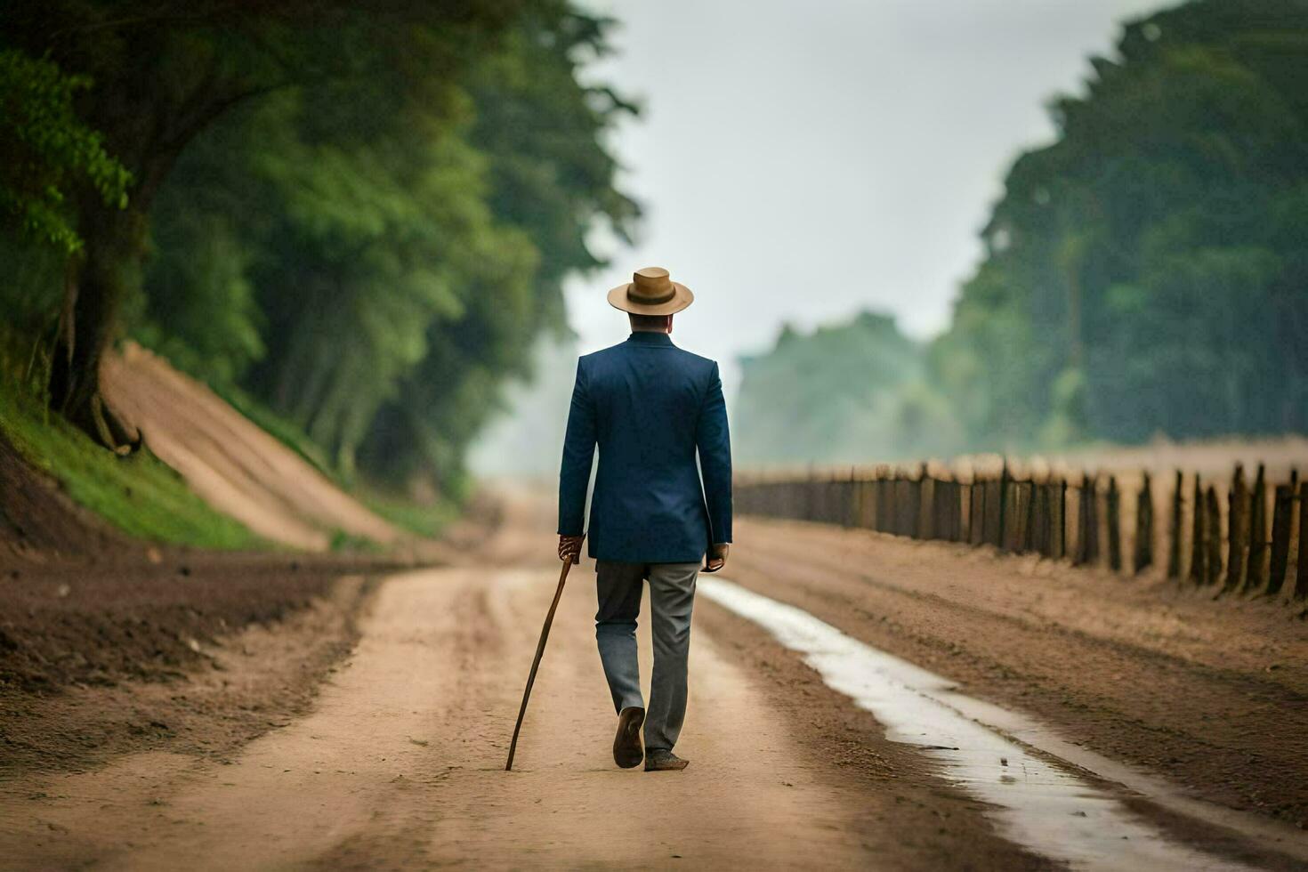 un' uomo nel un' completo da uomo e cappello a piedi giù un' sporco strada. ai-generato foto