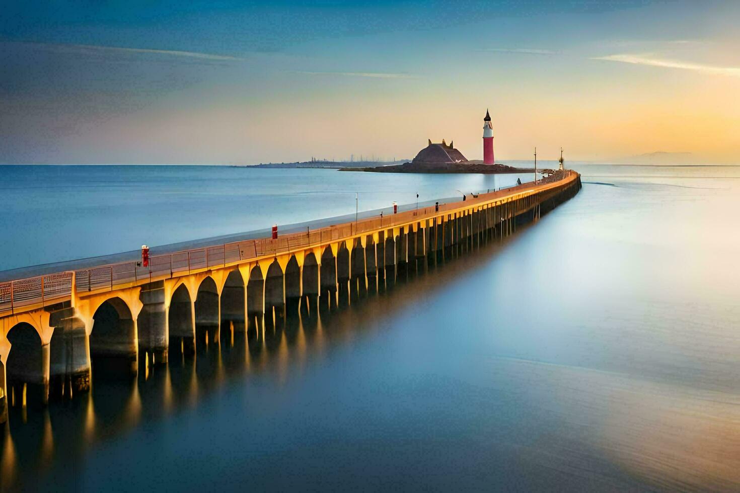 un' lungo esposizione foto di un' molo con un' faro nel il sfondo. ai-generato