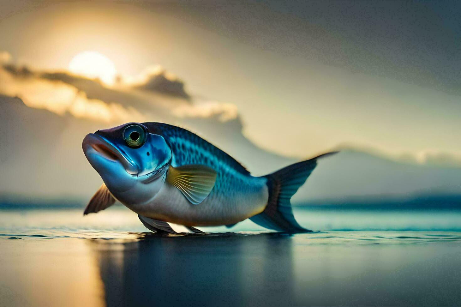 un' pesce è in piedi su il acqua a tramonto. ai-generato foto