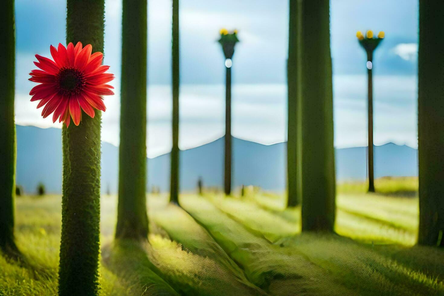 un' rosso fiore è in piedi nel il mezzo di alto erba. ai-generato foto