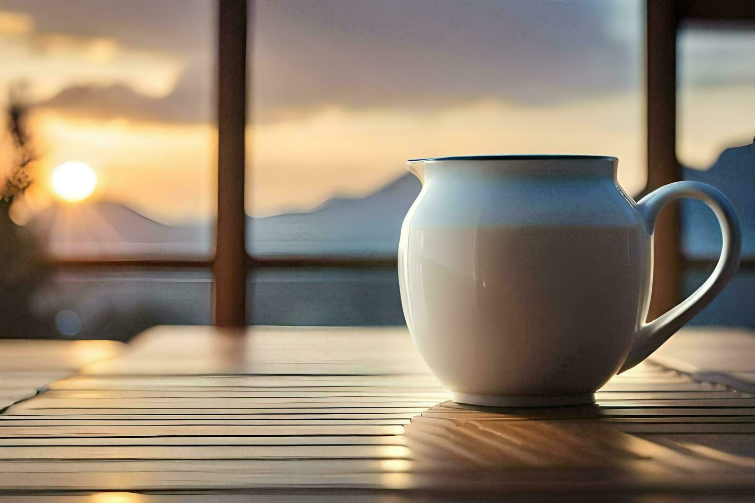 un' brocca di latte si siede su un' tavolo nel davanti di un' bellissimo tramonto. ai-generato foto