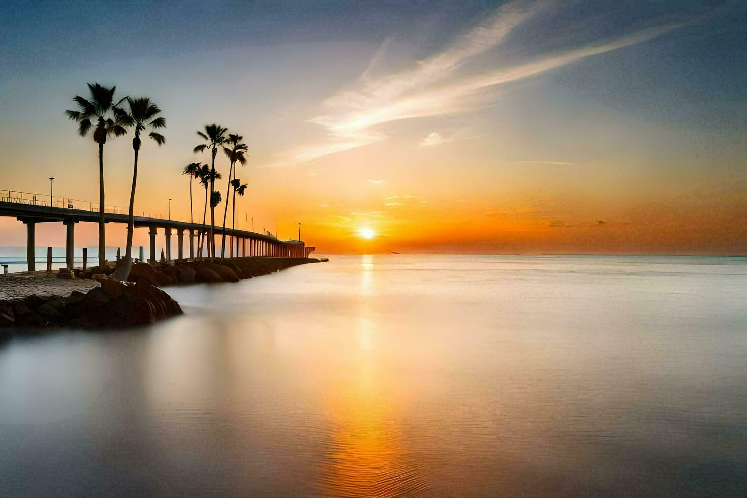 il sole imposta al di sopra di il oceano e un' molo. ai-generato foto