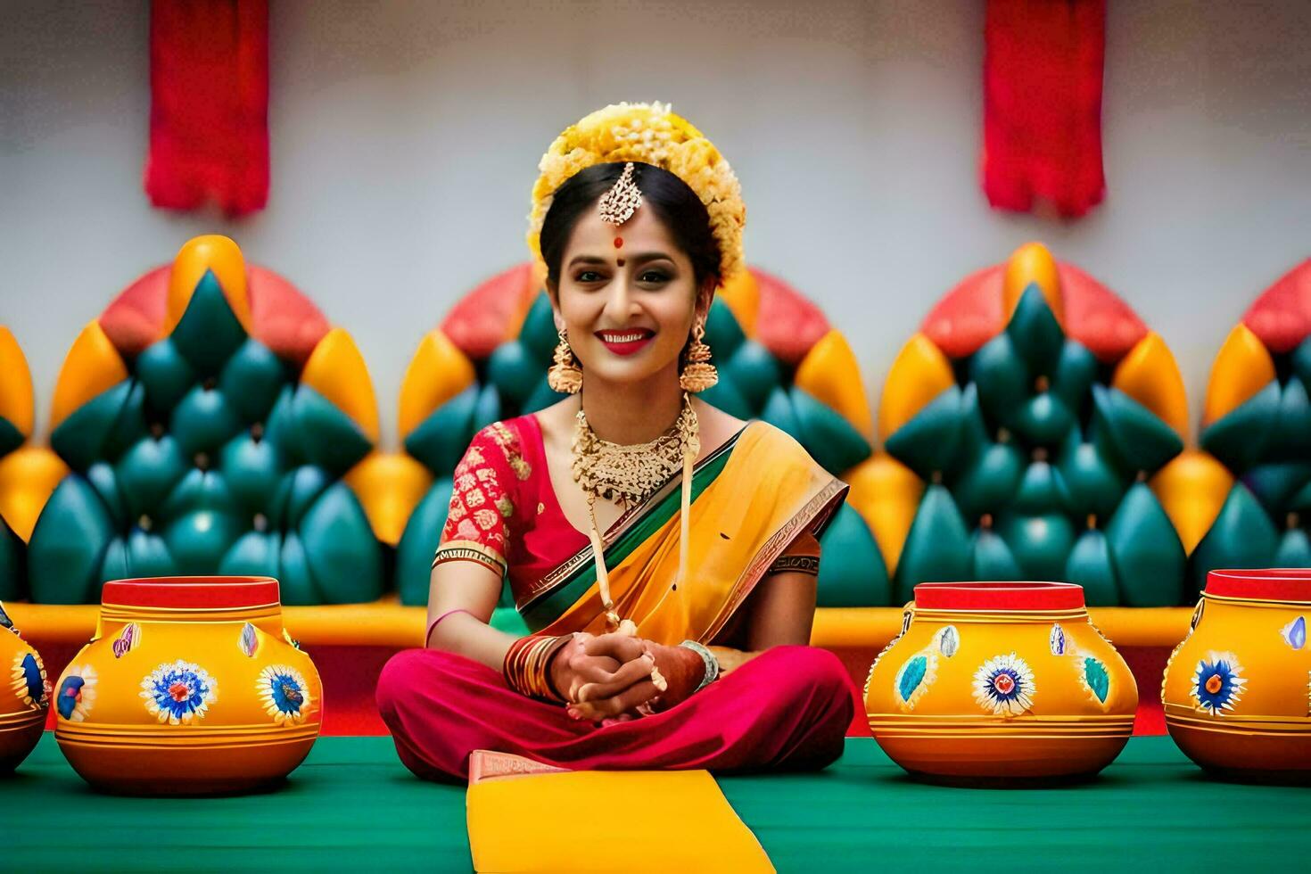 un' donna nel tradizionale indiano abbigliamento si siede nel davanti di pentole. ai-generato foto