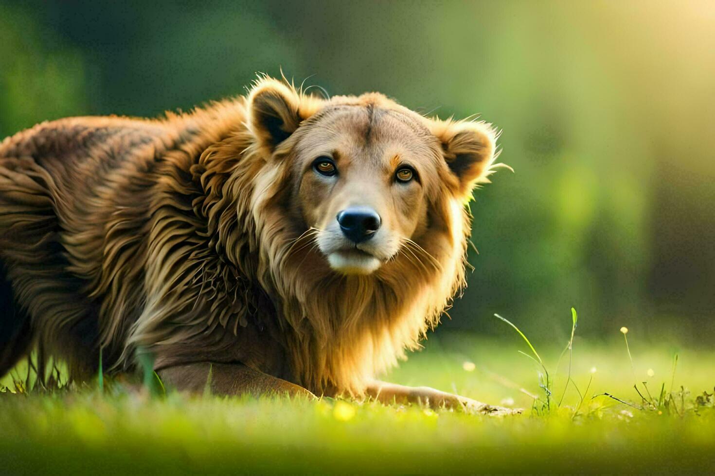 un' Leone è posa su il erba nel il sole. ai-generato foto