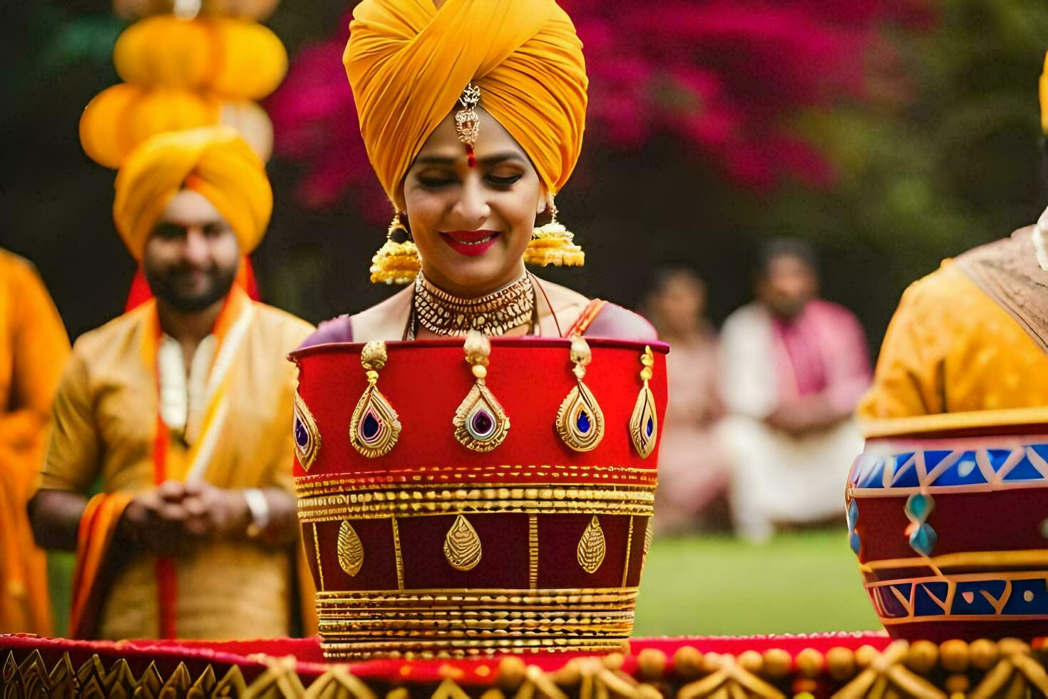 un' sposa nel un' turbante e oro vestito è sorridente. ai-generato foto