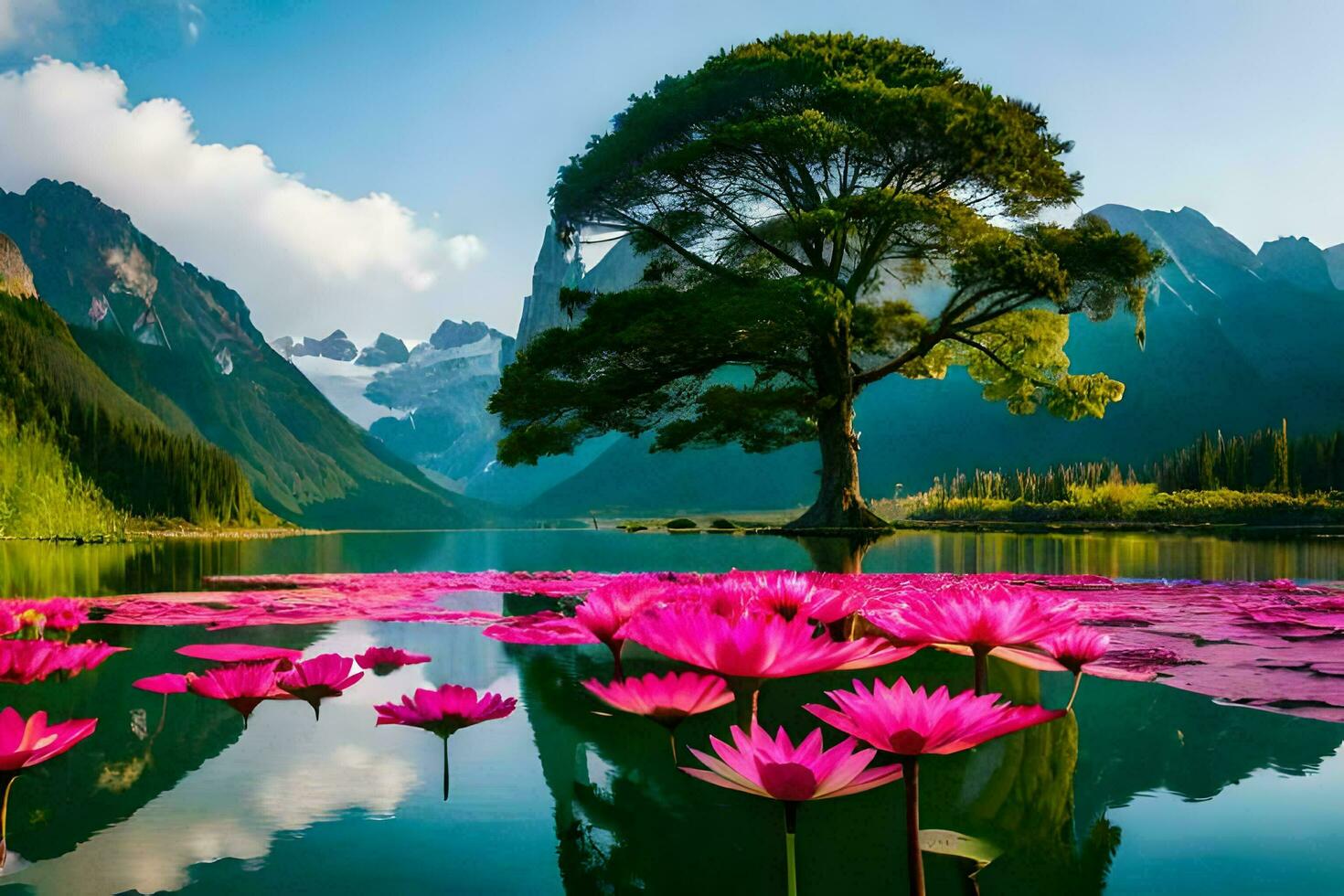 rosa loto fiori nel il acqua con montagne nel il sfondo. ai-generato foto