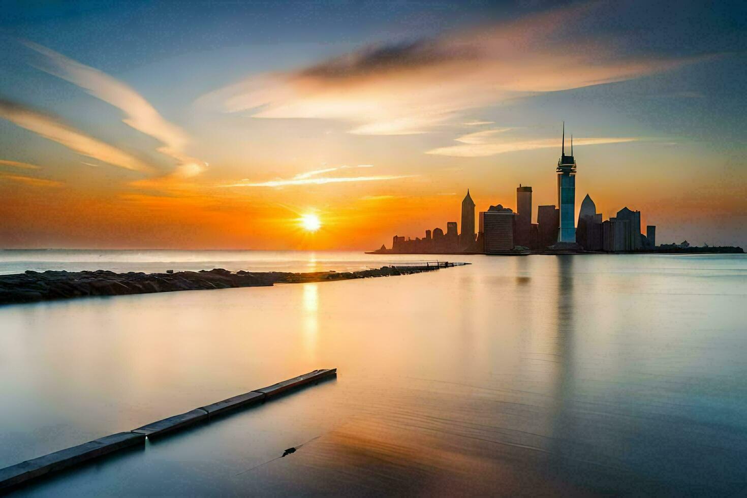 il sole sorge al di sopra di il città orizzonte nel Questo foto. ai-generato foto