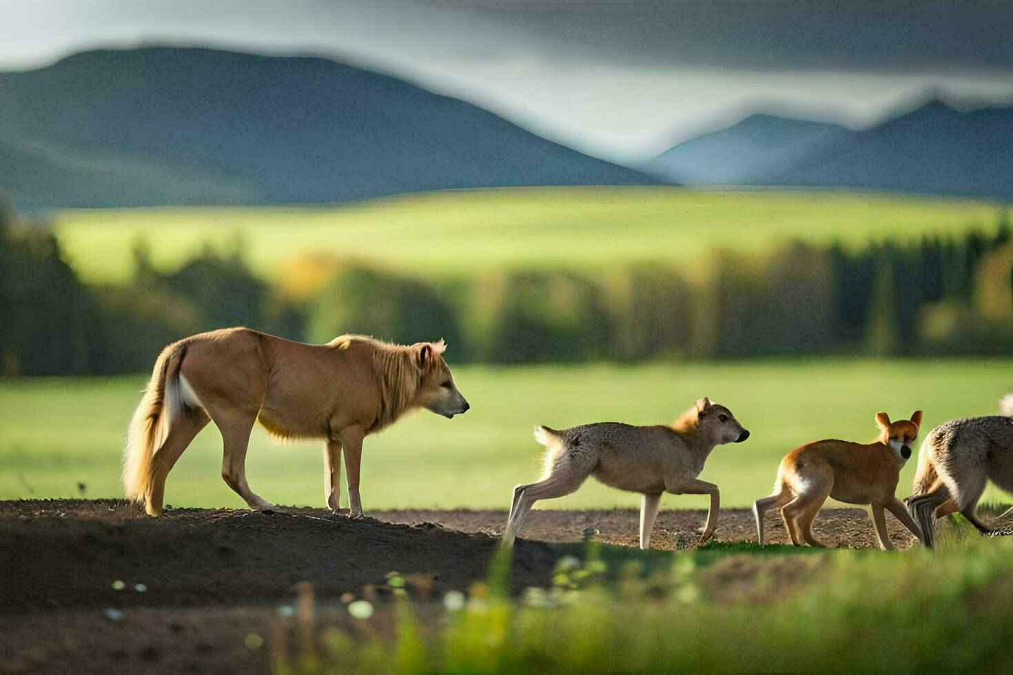 un' gruppo di cani e un' bambino nel il campo. ai-generato foto