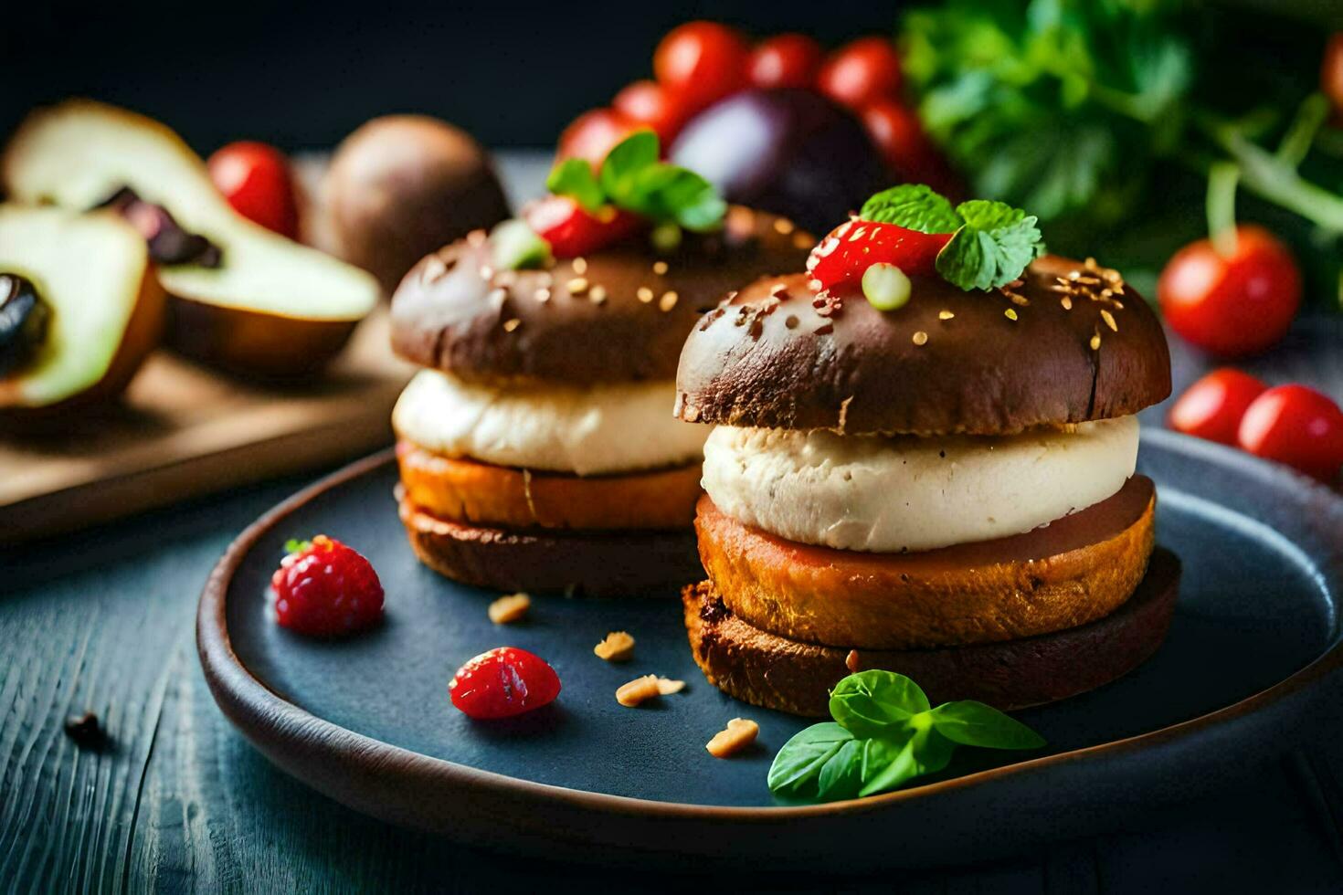 Due cioccolato ghiaccio crema panini su un' piatto con frutta. ai-generato foto