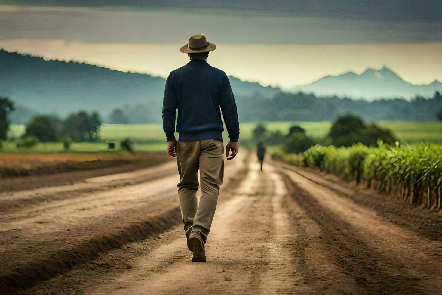 un' uomo a piedi giù un' sporco strada con un' cappello Su. ai-generato foto