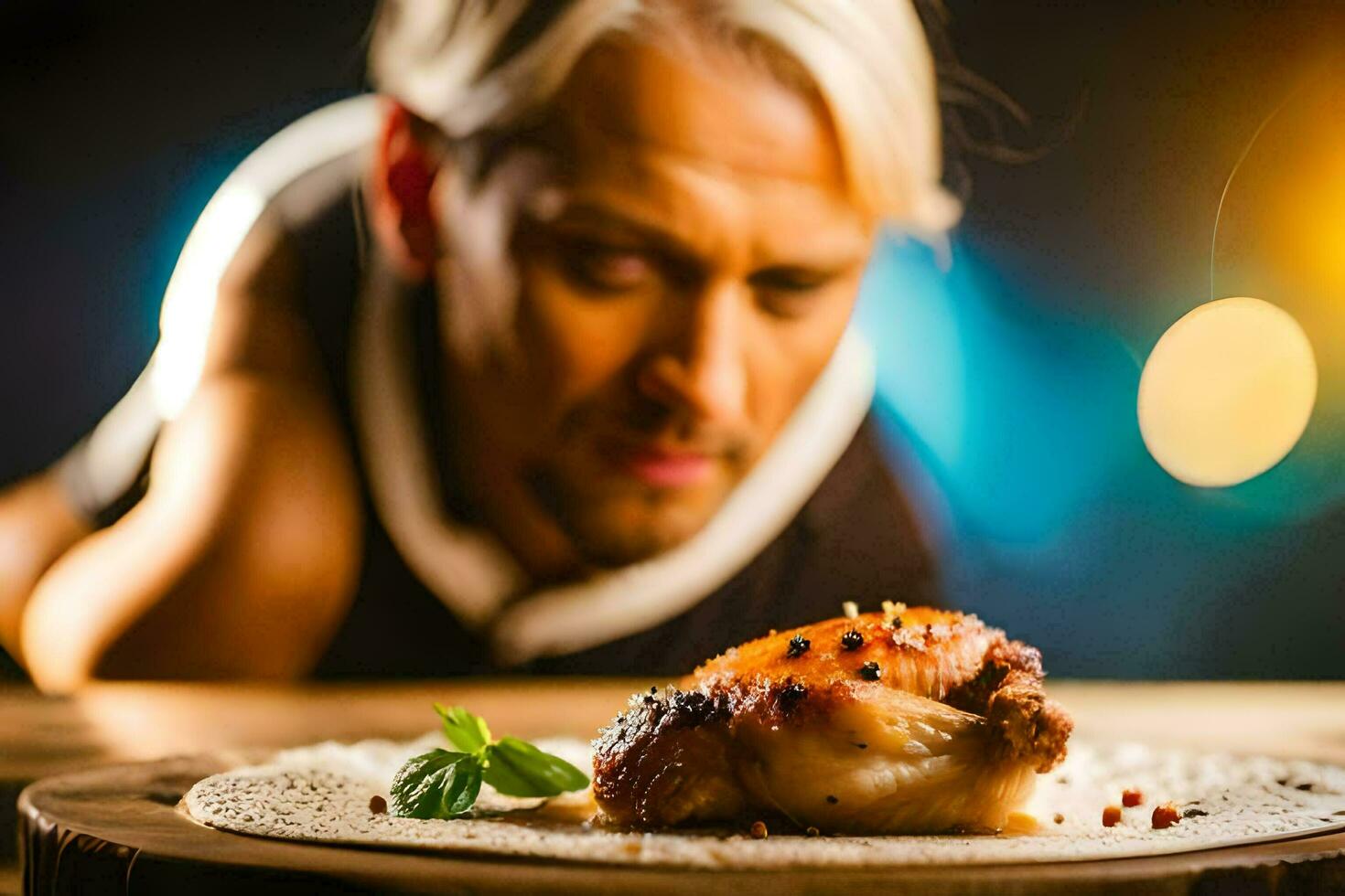 un' uomo è guardare a un' piatto di cibo. ai-generato foto