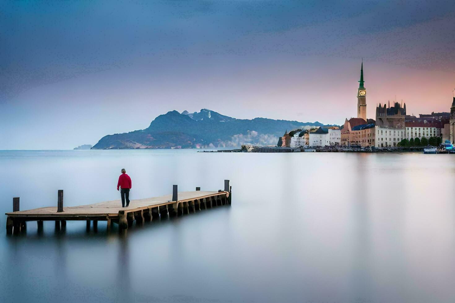 un' uomo in piedi su un' molo guardare su al di sopra di il acqua. ai-generato foto