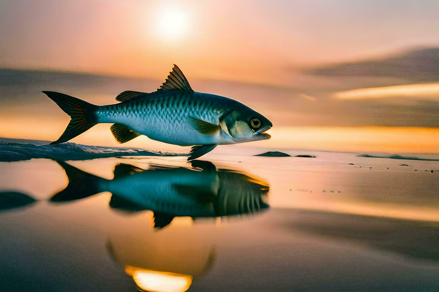 un' pesce è riflessa nel il acqua a tramonto. ai-generato foto