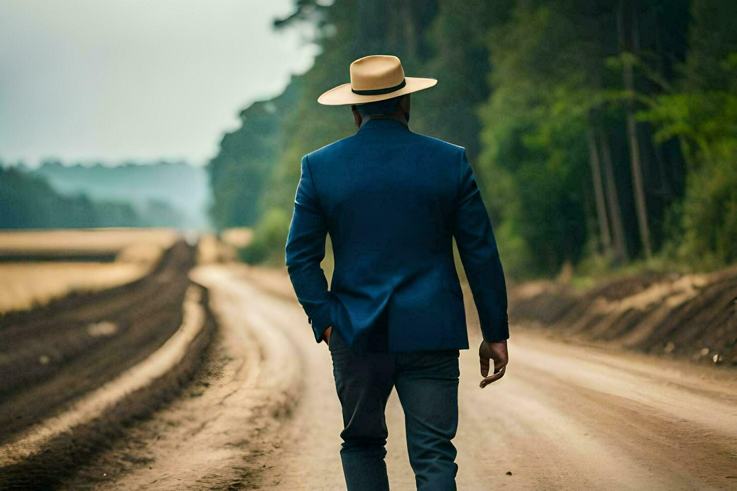 un' uomo nel un' completo da uomo e cappello a piedi giù un' sporco strada. ai-generato foto