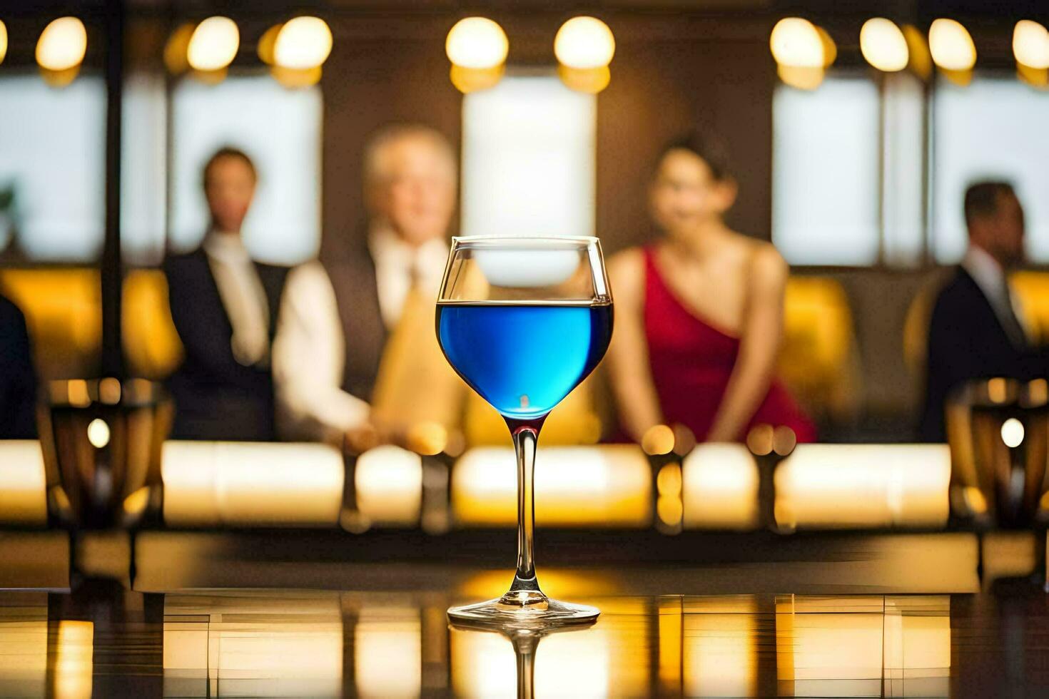 un' bicchiere di blu liquido seduta su un' sbarra. ai-generato foto